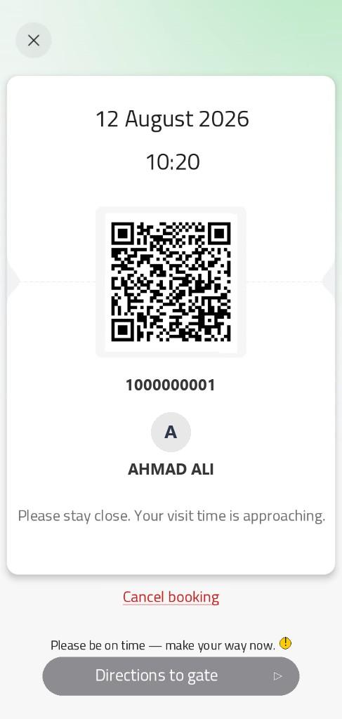 Real Rawdah permit QR card with demo pilgrim name